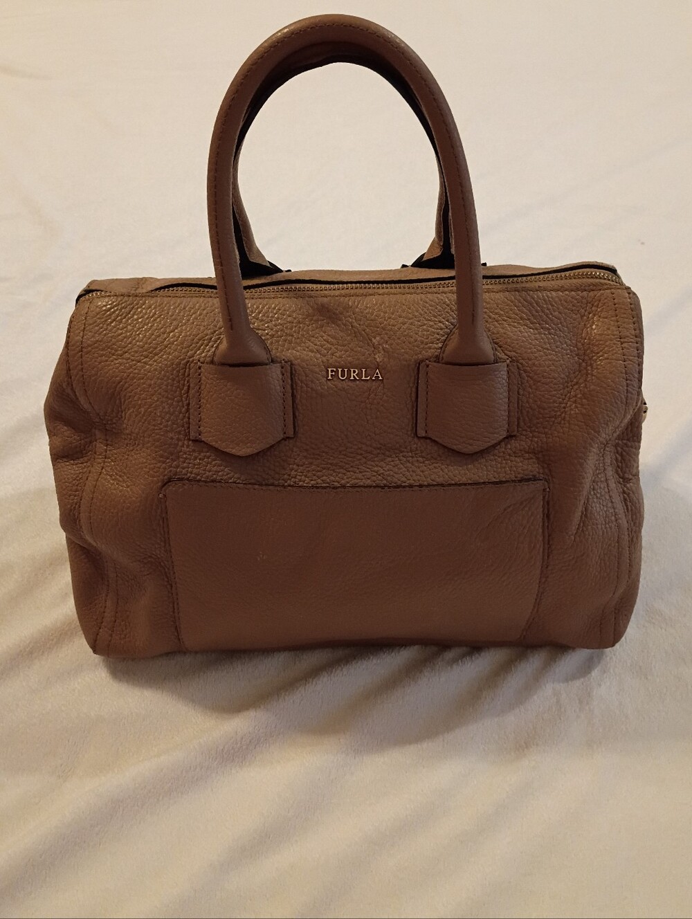 Furla Alba Medium Pebbled Leather Satchel Bag Cross Body In Caramello
